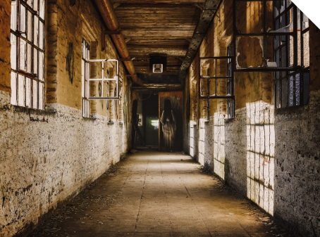 A dimly lit historic corridor with an eerie, ghostly atmosphere