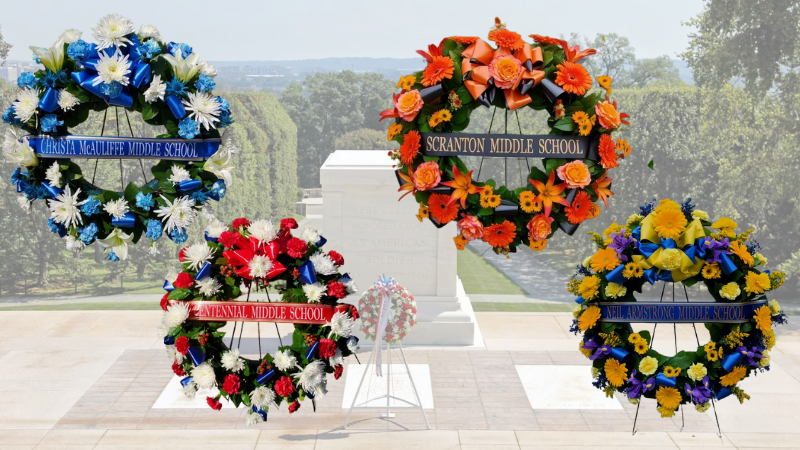 Wreaths from school groups placed at the Tomb of the Unknown Soldier in Arlington National Cemetery