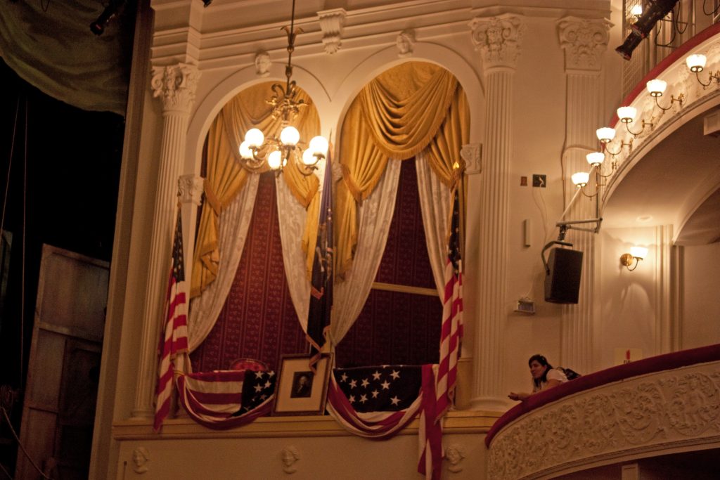 The flag-draped presidential box inside Ford's Theatre