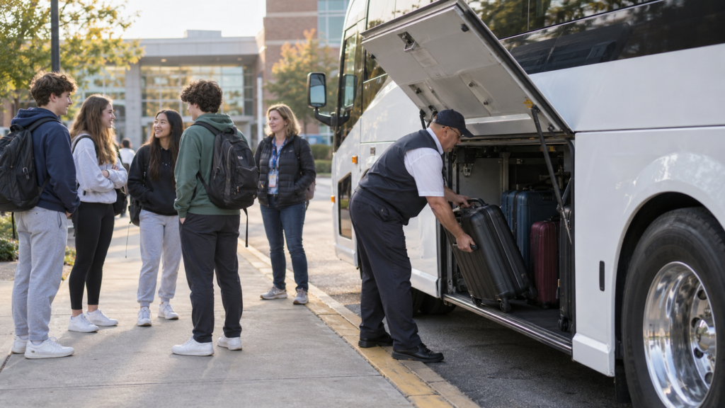 Motor coach driver loading student suitcases into the storage bay under the bus