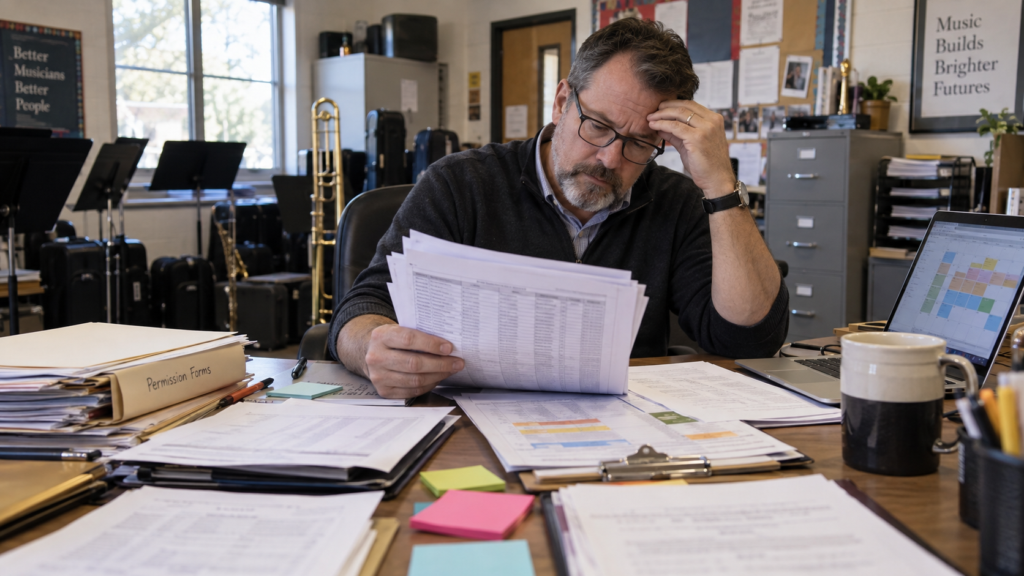 Music director at his desk reviewing rooming lists and trip paperwork