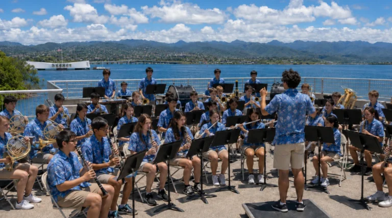 School band performing outdoors at Pearl Harbor in Hawaii