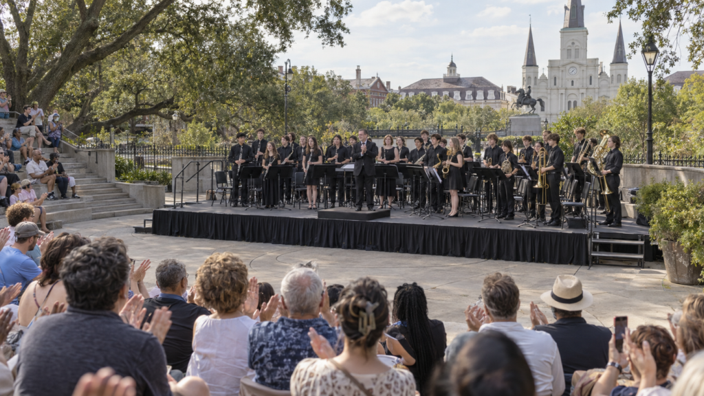 Audience applauding a student concert band in Jackson Square, New Orleans
