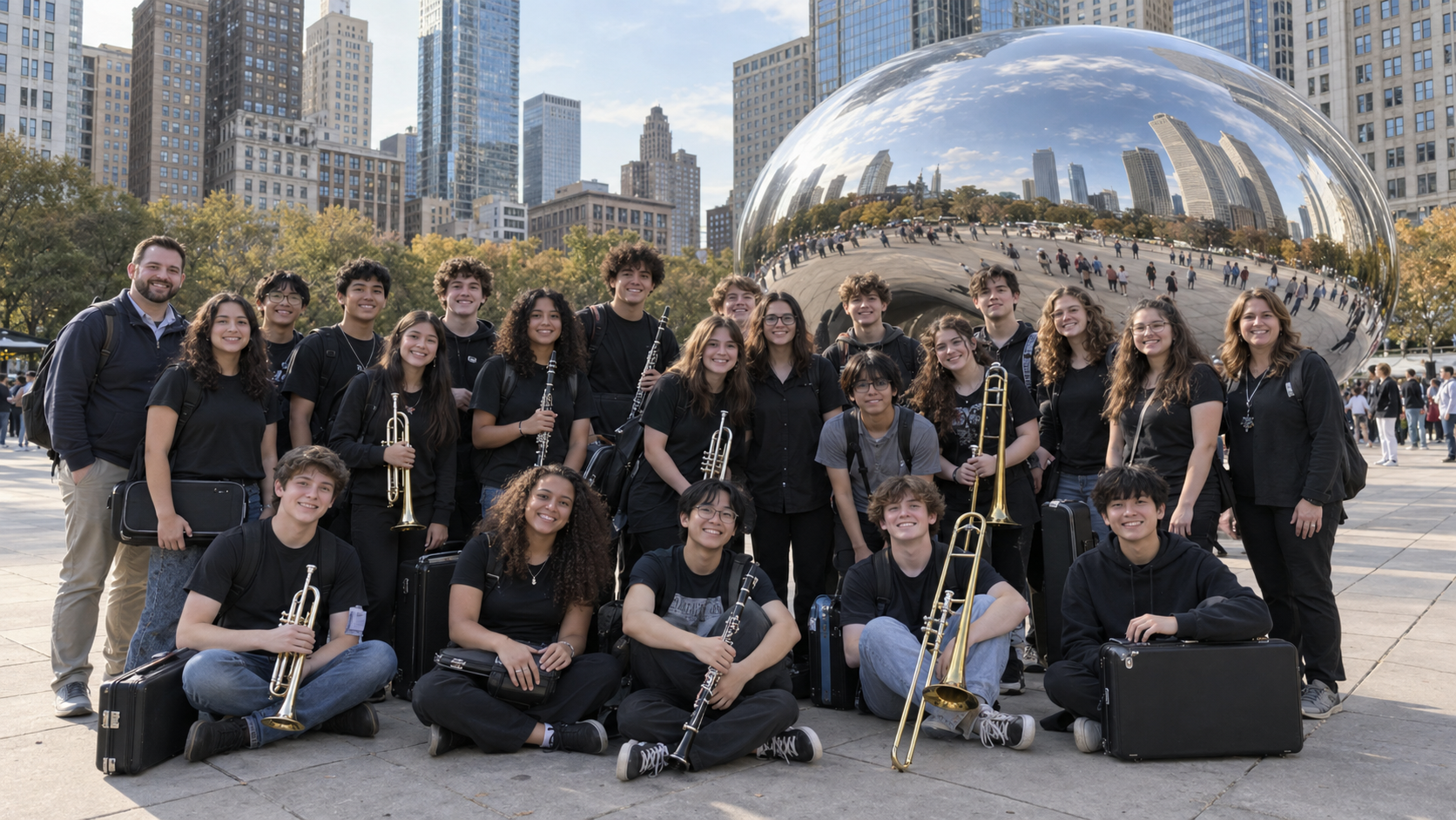 Student band group photo with instruments in front of Cloud Gate in Chicago