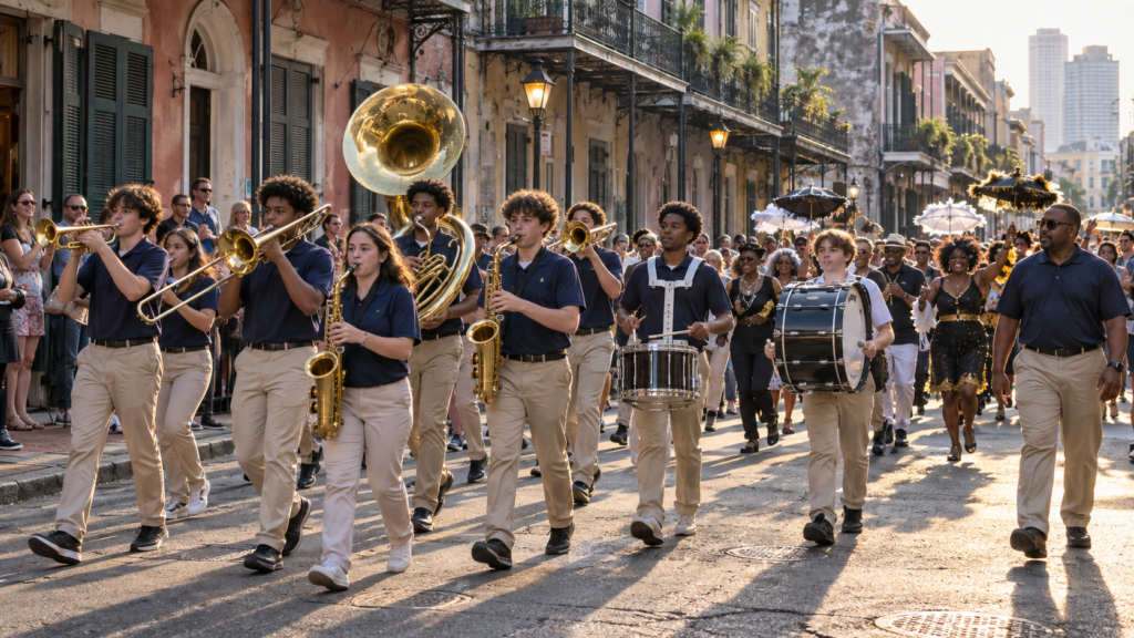 Student brass band marching in a second line parade through the French Quarter in New Orleans
