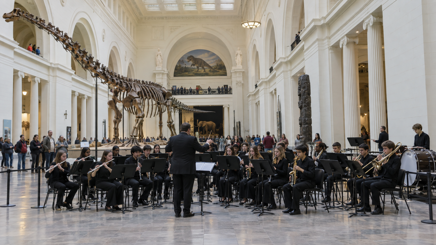 Student concert band performing in a grand museum hall beneath a dinosaur skeleton