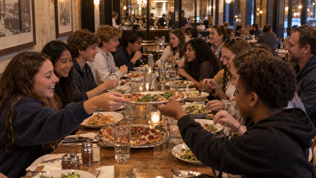 Student group sharing pizza and pasta at a long table during a group dinner on tour