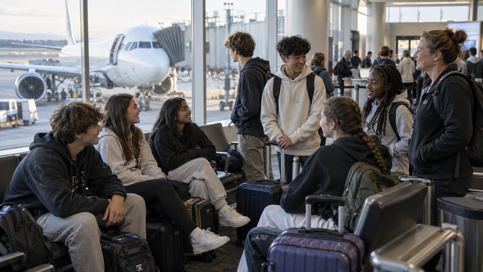 Student travel group waiting at the airport gate with their carry-on luggage