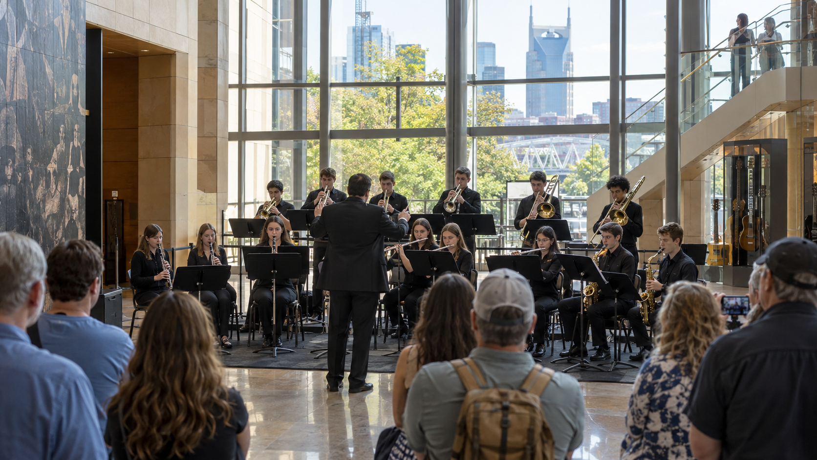 Student jazz band performing for an audience in a Nashville venue