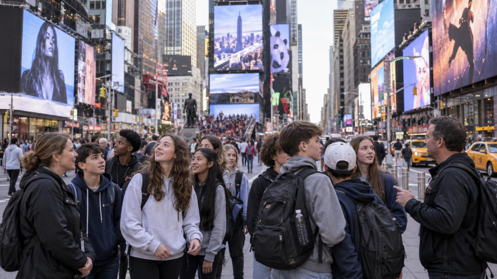 Student music group and chaperones exploring Times Square in New York City