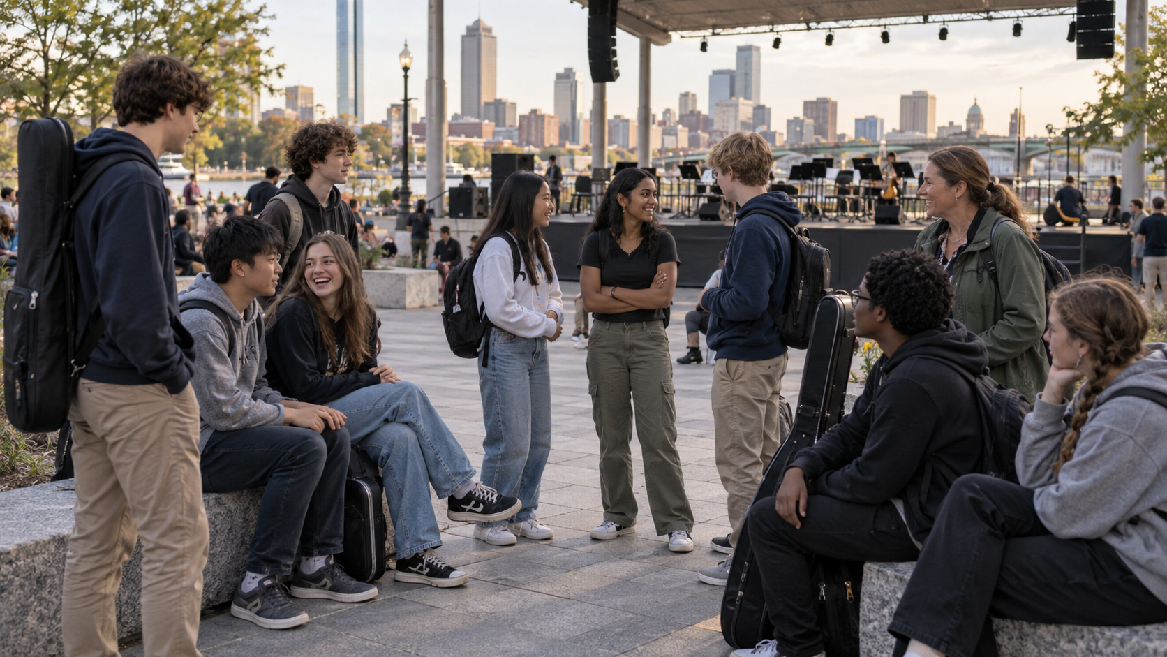 Student musicians relaxing near an outdoor stage with a city skyline behind them