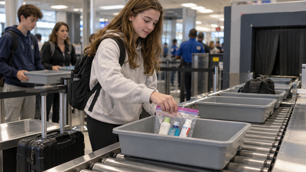Student placing a clear quart-size liquids bag in a bin at the airport security checkpoint