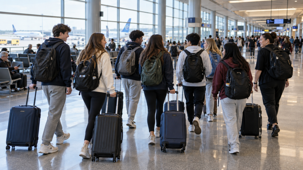 Students with carry-on suitcases and backpacks walking through an airport terminal