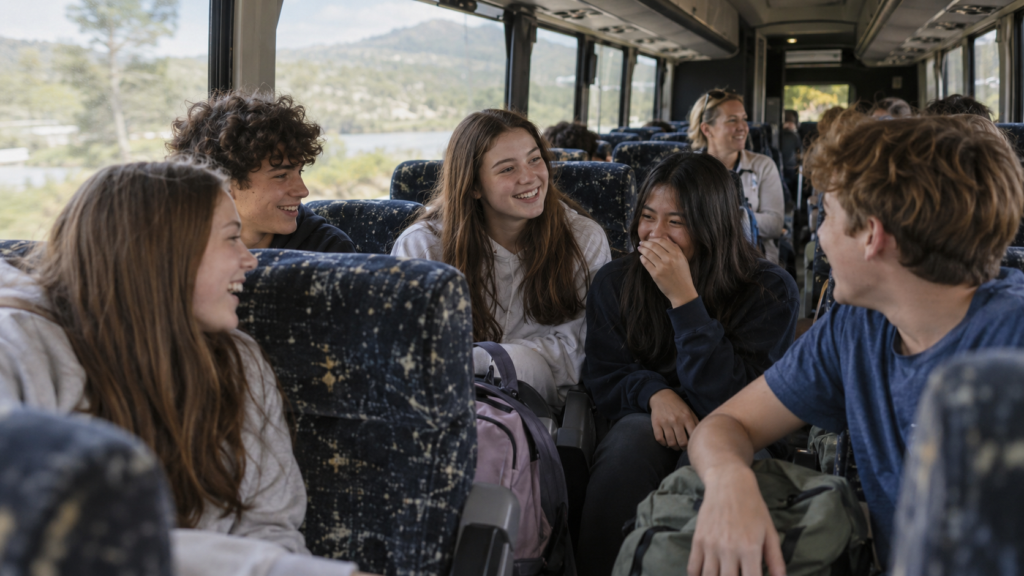 Students laughing together on a tour bus during a school music trip