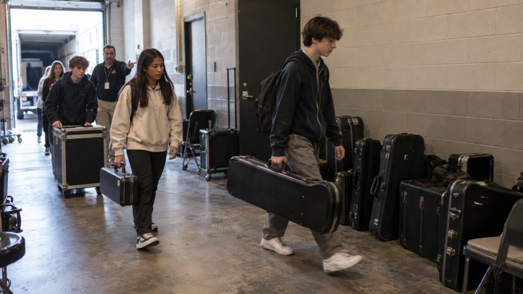 Students carrying instrument cases through a venue load-in hallway