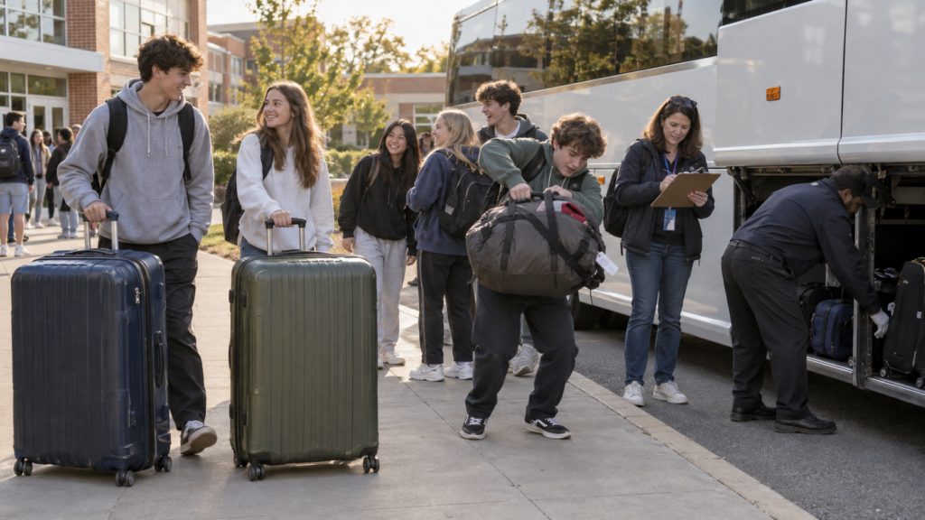 Students with suitcases and duffel bags loading luggage onto a tour bus