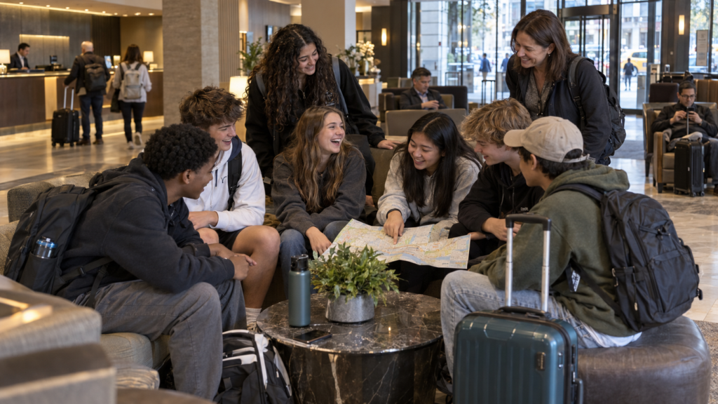 Students and a chaperone looking at a city map in a hotel lobby during a music tour