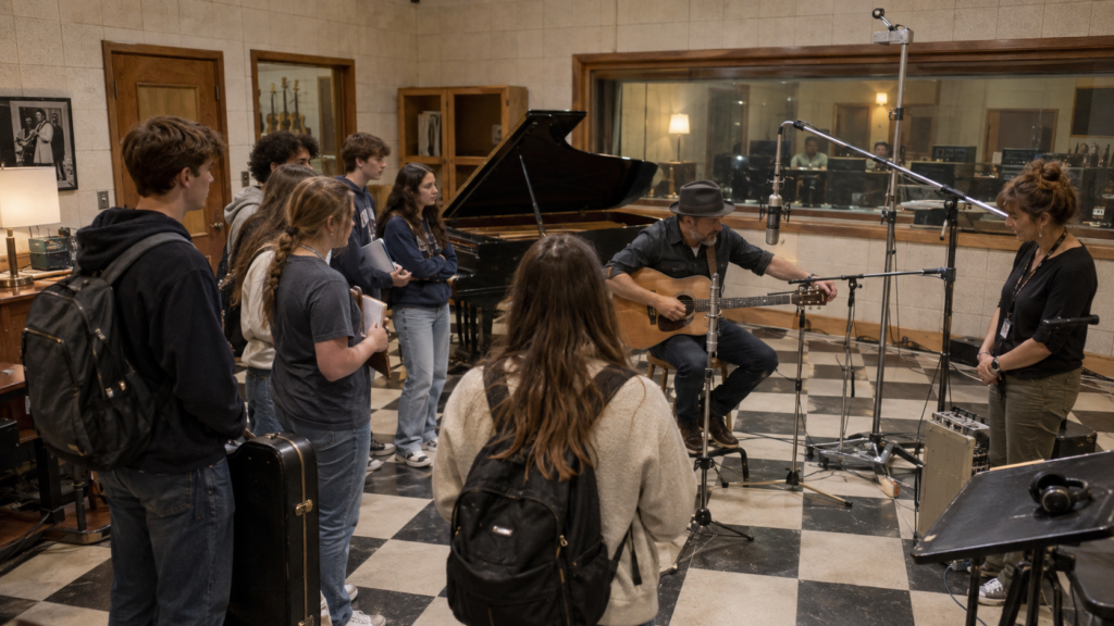 Students watching a professional musician record in a historic recording studio