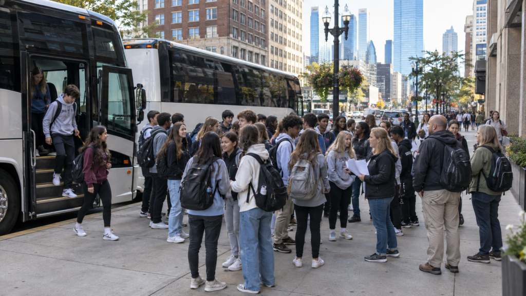 Large student group getting off tour buses and regrouping on a busy city sidewalk