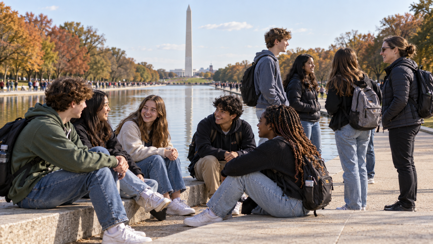 Students relaxing by the Reflecting Pool with the Washington Monument behind them