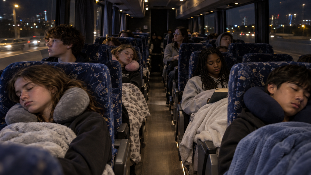 Students sleeping with travel pillows and blankets on an overnight motor coach ride
