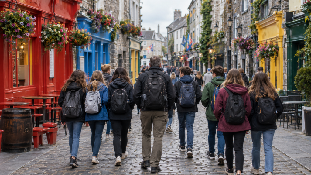 Students walking down a colorful cobblestone street in Galway, Ireland
