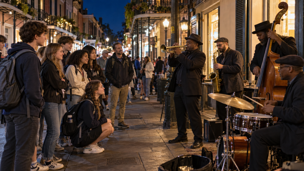 Students watching a live street jazz band perform at night in New Orleans