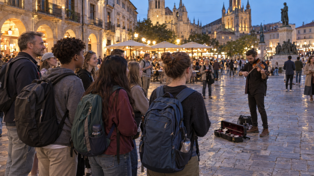 Students watching a street violinist perform in a lit-up plaza in the evening