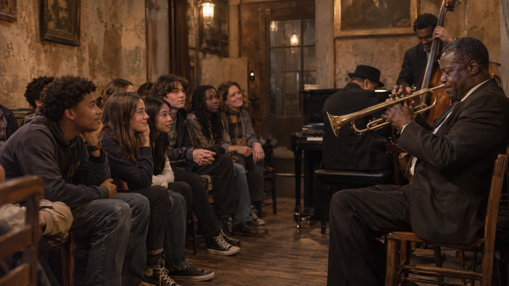 Students watching a trumpet player perform in an intimate jazz club