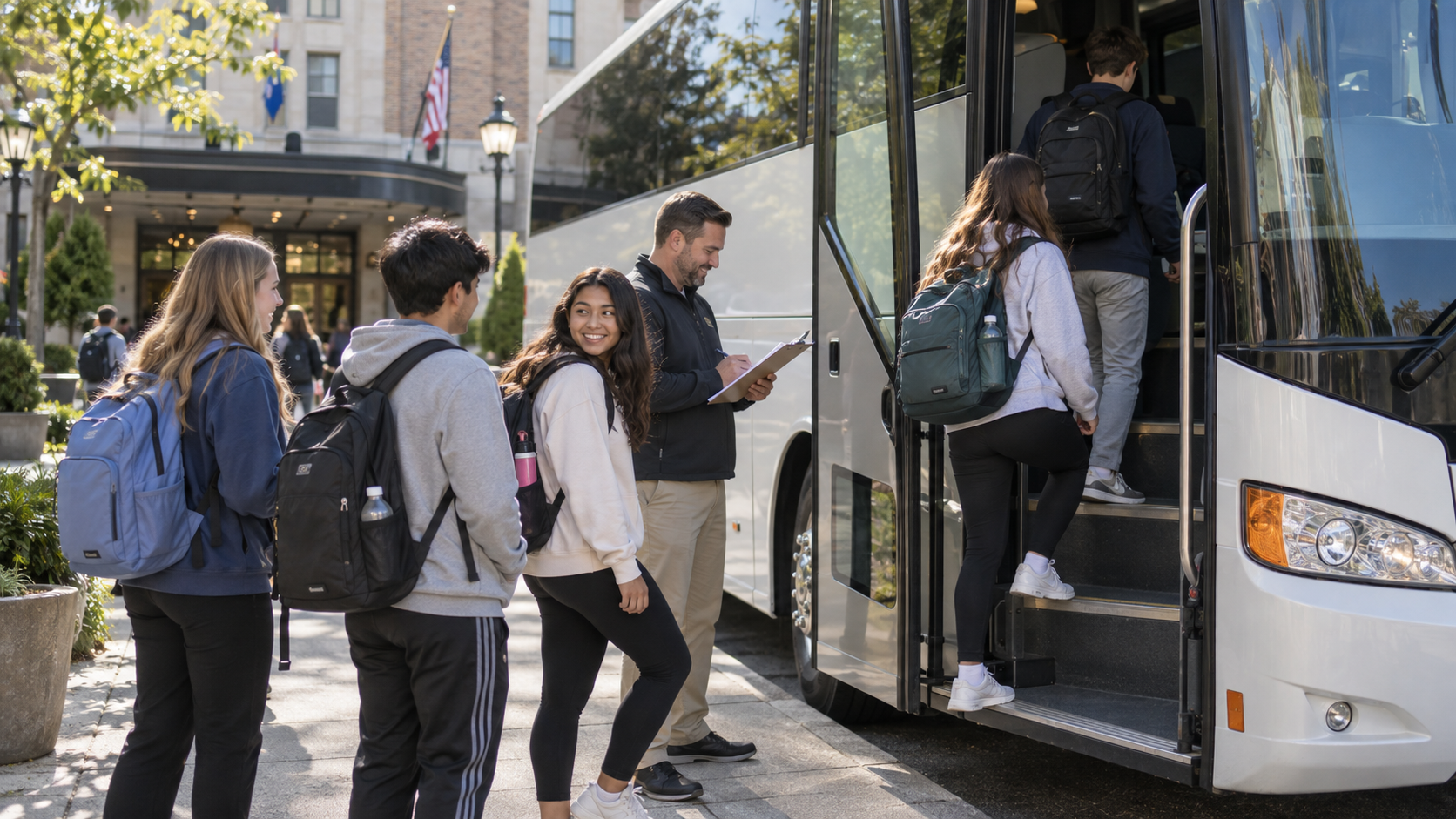 Students with backpacks boarding a motor coach as a trip leader checks them in