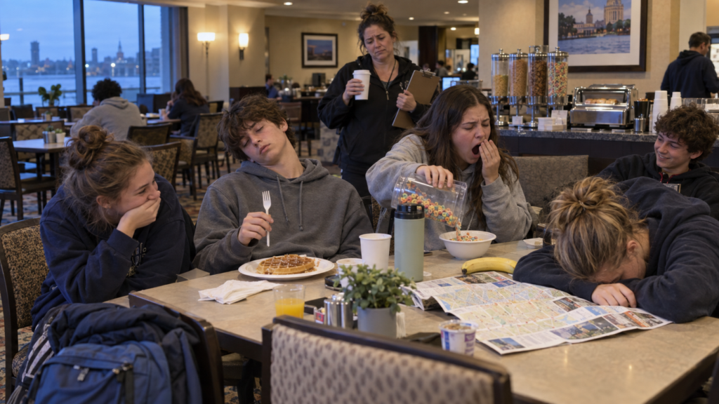 Tired students yawning at a hotel breakfast on the third morning of a music trip