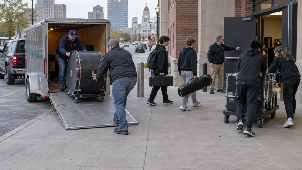 Crew and students unloading percussion and instrument cases from a trailer outside a downtown venue