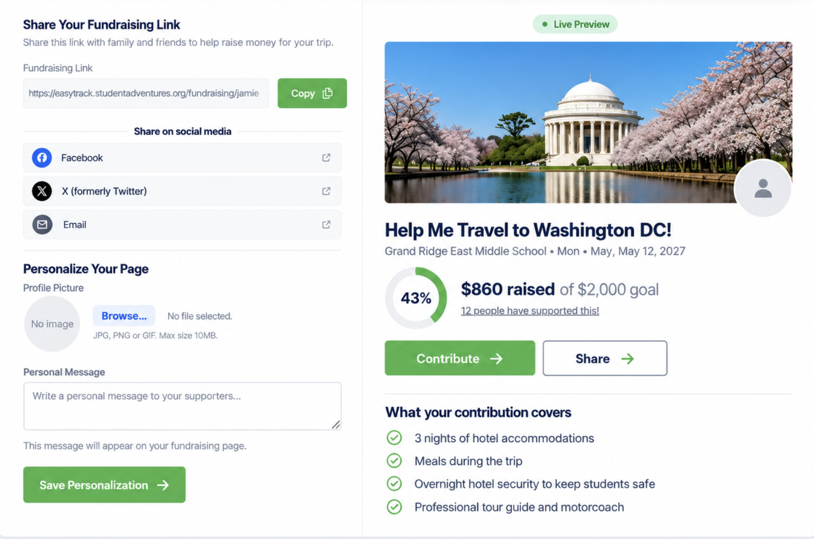Example of a personal donation page in EasyTrack, showing the shareable fundraising link and the page supporters see