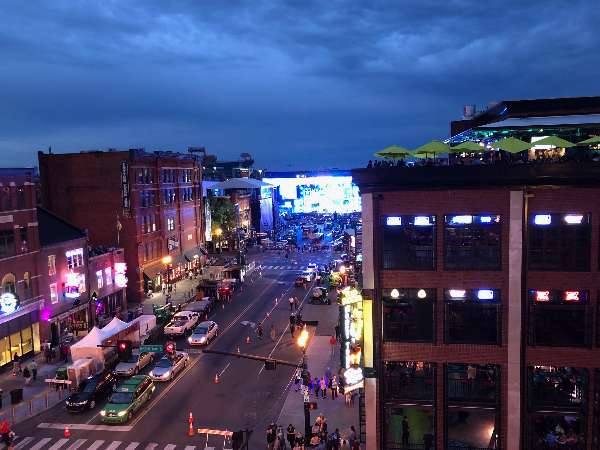 Neon signs along Lower Broadway in Nashville at night