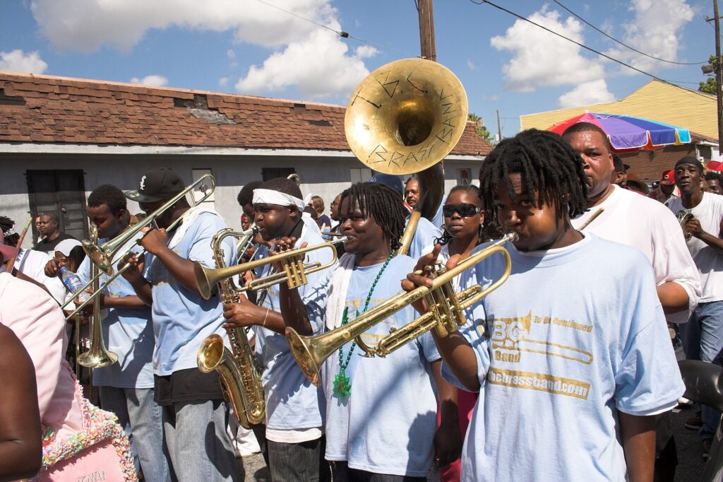 TBC Brass Band horn line Uptown Swingers Social Aid & Pleasure Club parade, New Orleans 2008