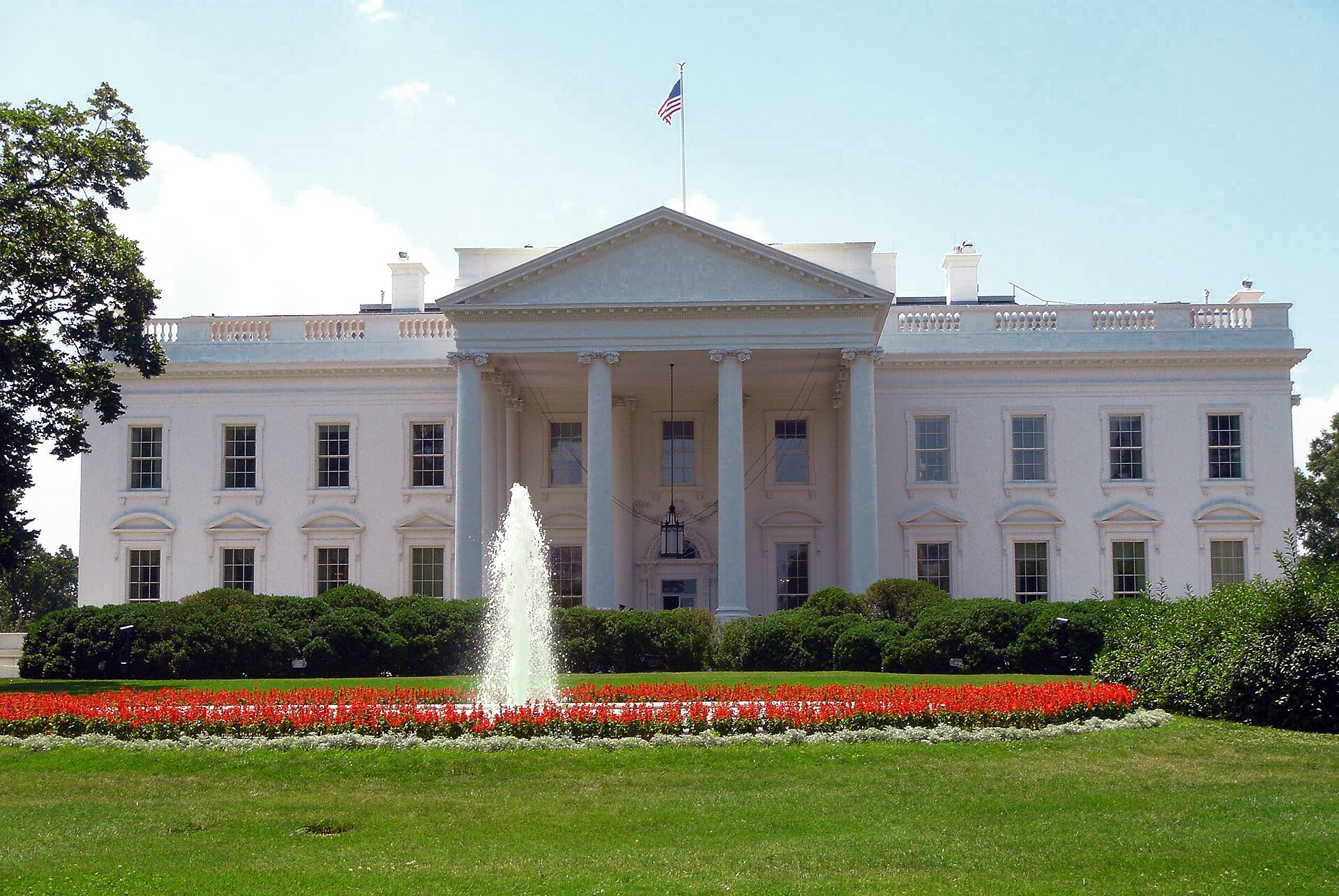 The North Portico of the White House in Washington, D.C., with its fountain and lawn